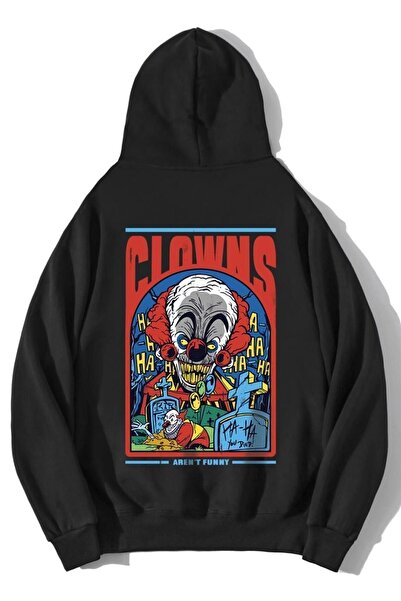Harajuku Style Unisex Μαύρο Φούτερ με στάμπα Clowns No Funny, Oversize