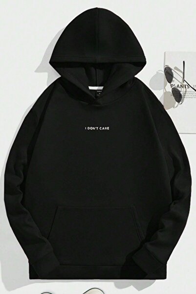 Harajuku Style Unisex Μαύρο Oversize Φούτερ με στάμπα I Dont Care με κουκούλα