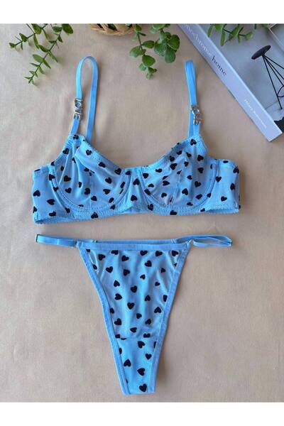 HappyZEY New Season Sarah Model Love Written Mini Heart Patterned Tulle Flexible Brode Bra Set