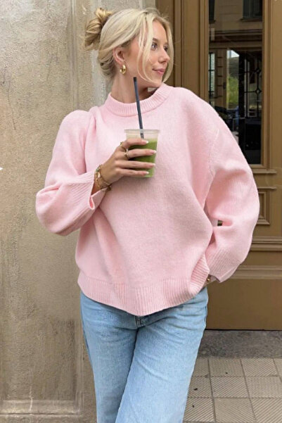 oshebu Toz Pembe – Bisiklet Yaka Oversize Triko Kazak