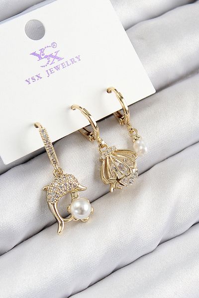 Skygo Brass Zircon Stone 3-Piece Dolphin and Oyster Model Gold Color Women's Earrings - Tj-Bkp11139