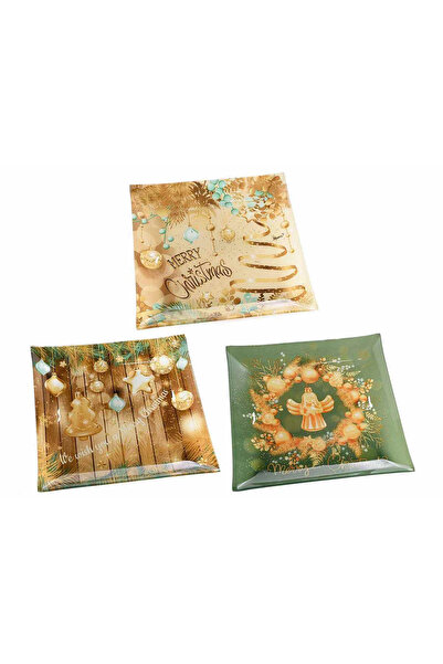 Decorer Set 3 platouri sticla Craciun 25x25 cm