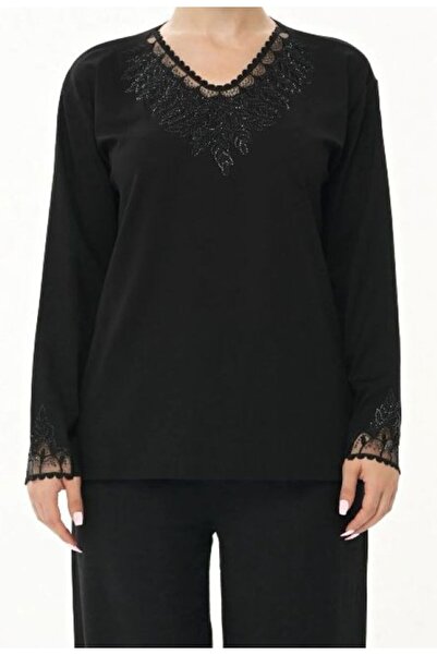 Nacar Yaka Ve Kol Ucu Tül Detaylı Taş Işlemeli Siyah Anne Penye Bluz