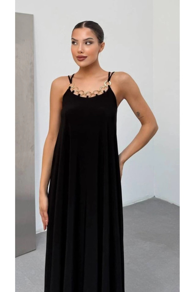 Silerra Women's Shoulder Strap Bird's Eye Chain Detail Sandy Fabric Maxi Size Dress