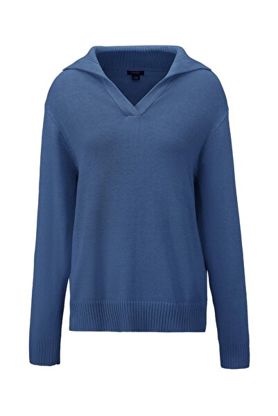 Tapata Bluză lejeră de damă, pulover tricotat, cu guler în V, ALBASTRU, mărim...