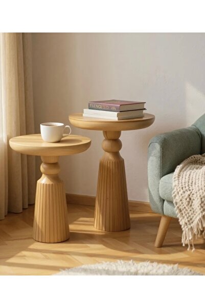 ASELYA HOME Doğal Ahşap 2’li Set Mantar Yan Sehpa Modern Vernikli Fiskos Zigo...