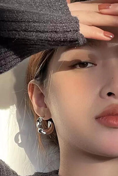 Silay mağaza Silver Color Twist Detailed Steel Hoop Earrings (Pair)