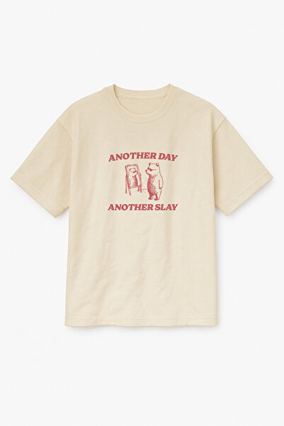 Altair Tr Oversize Beige Unisex Bear Printed T-Shirt