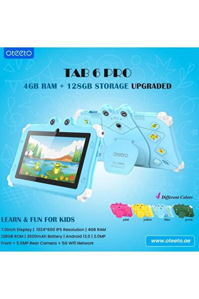 OTEETO TAB 6 Kids Tablet, 7-Inch IPS LCD, 4GB RAM 128GB ROM, Android 13, Dual Camera, Black/Blue