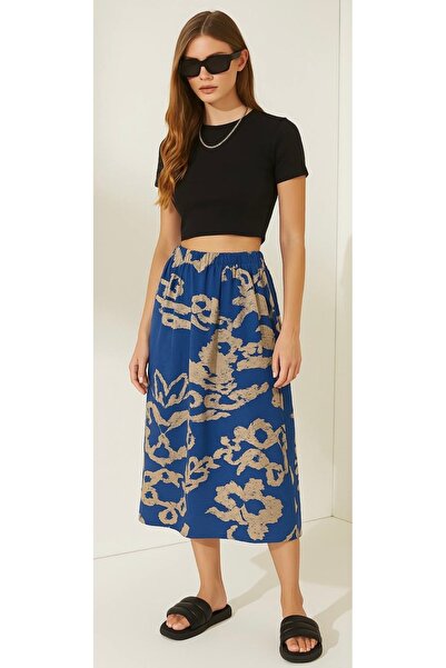 SheLoria Kadın Mavi Taş Beli Lastikli Çift Cepli Desenli Midi Boy Modal Etek