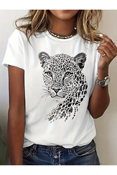 İnazuma Outdoors تي شيرت أبيض بأكمام قصيرة وياقة دائرية من القطن مطبوع للجنسي...