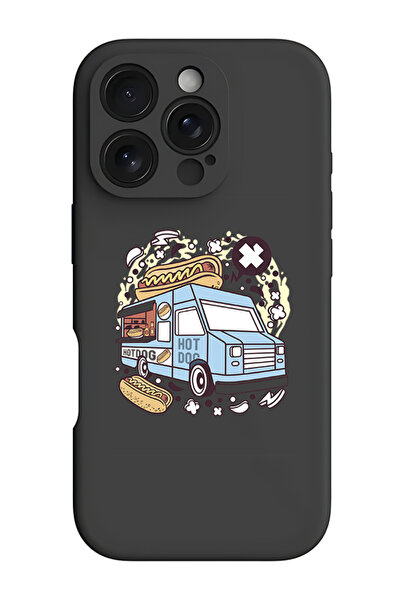 Theodor جراب حماية أسود من السيليكون السائل المقاوم للصدمات لهاتف iPhone 16 Pro - باص هوت دوج