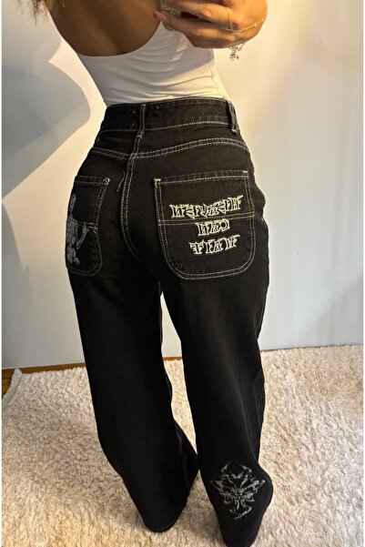 Bravebell بنطلون أسود هيكل عظمي Heaven Can Wait أبيض مطرز ومطرز كبير الحجم لل...