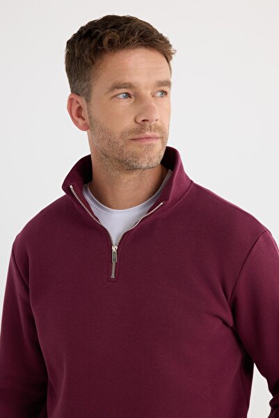 Tudors Φούτερ Unisex Relax Fit Άνετο Κομμένο Βαμβακερό Φλις με μισό φερμουάρ με όρθιο γιακά σε μπορντό χρώμα