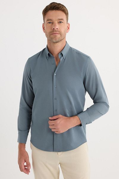 Tudors Regular Fit Button Collar Cotton Easy Iron Oxford Plain Men's Gray Shirt