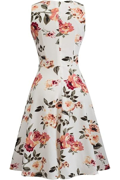 Homeyee Elegant long dress, fitted, sleeveless, white with flowers, XL