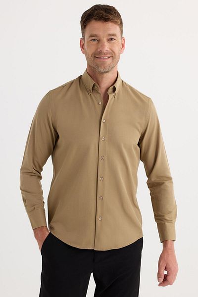 Tudors Regular Fit Button Collar Cotton Easy Iron Oxford Plain Men's Mink Shirt