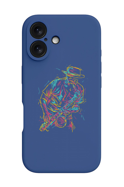 Theodor غطاء حماية سيليكون سائل مقاوم للصدمات لجهاز iPhone 16 Plus باللون الأزرق - ساكسفون تجريدي