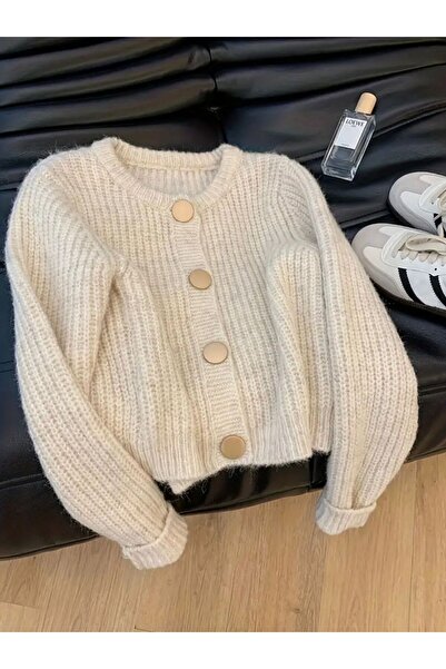 ANUBİS Kadın Gold Düğme Detaylı Bisiklet Yaka Triko Hırka