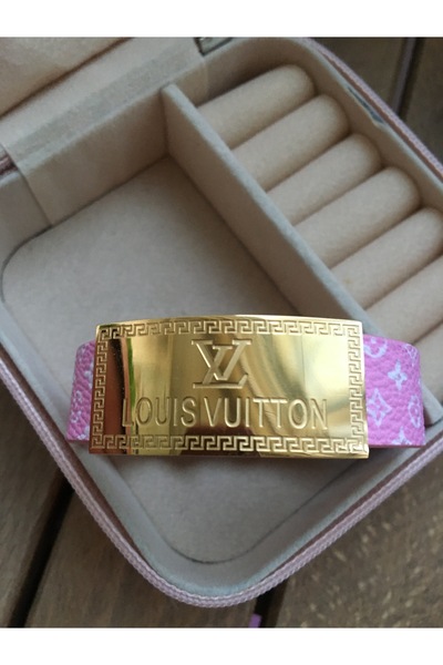 GUNESTAKI Pink Gold Shiny Metallic Brand Model Leather Cord Luxury Bracelet