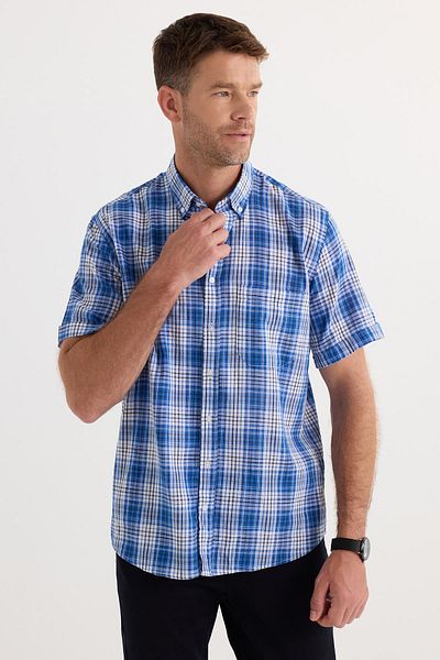 Tudors Men's Regular Fit Classic Cut 100% Cotton Linen Texture Pocket Checked Short Sleeve Buttoned Collar Shirt