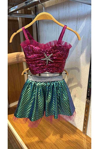 moona kids 3-8 Yaş Kız Çocuk Deniz Kızı Krop Abiye Pembe