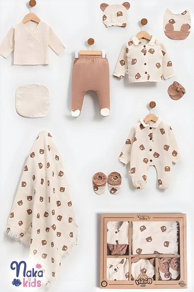 Naka Concept 100% Cotton Unisex Baby 10-Piece Hospital Discharge Set – Bear Pattern, Muslin Fabric