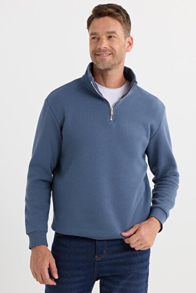 Tudors Unisex Relax Fit Rahat Kesim Pamuklu İçi Polarlı Yarım Fermuarlı Mavi Dik Yaka Sweatshirt