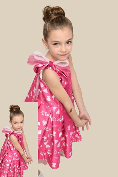 moona kids 4-8 Yaş Kız Çocuk Tek Omuz Pembe Abiye