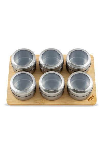Zass Set of 7 Gourmet ZG-MSR 01 spice containers with magnetic holder, 6.3 x 4 cm, Silver