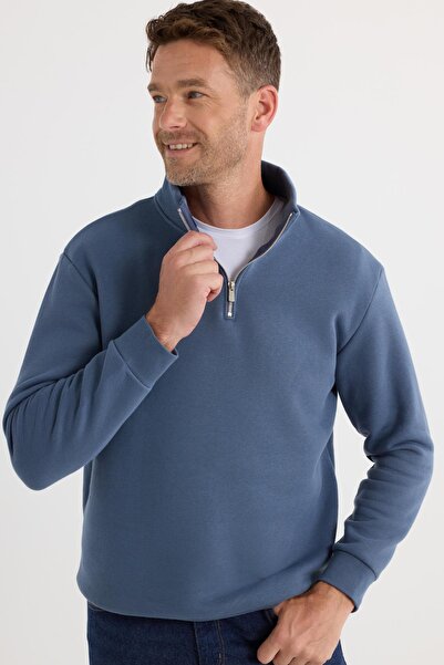Tudors Unisex Relax Fit Rahat Kesim Pamuklu İçi Polarlı Yarım Fermuarlı Mavi Dik Yaka Sweatshirt