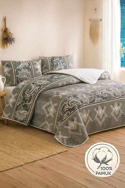 Evimcim 100% Cotton Single Quilted Duvet Cover Set Gray Patterned Luxury Box