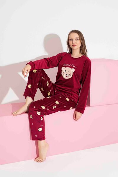 Mine style Velvet-Red Moon Embroidery Winter French Velvet Pajamas Set