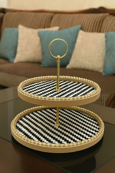 MOSTAFA Hand-decorated oval wooden dessert tray and stand