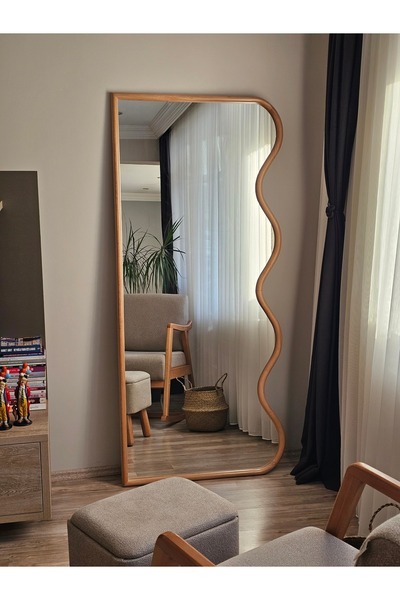 UĞURLU HOME 180x80 Dalgalı Boy Aynası – Doğal Ahşap Çerçeveli, El Yapımı Natü...
