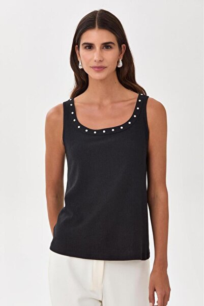 İKİLER Yakası Metal Aksesuarlı Kolsuz Bluz 025-1027