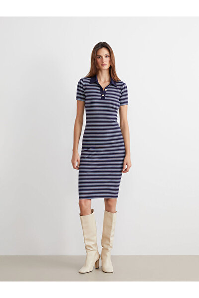 LC Waikiki Μπλε ριγέ φόρεμα με γιακά πόλο