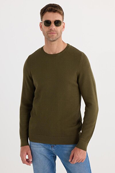 Tudors Erkek Standart Fit Normal Kesim Bisiklet Yaka Petek Desenli Koyu Haki Triko Kazak