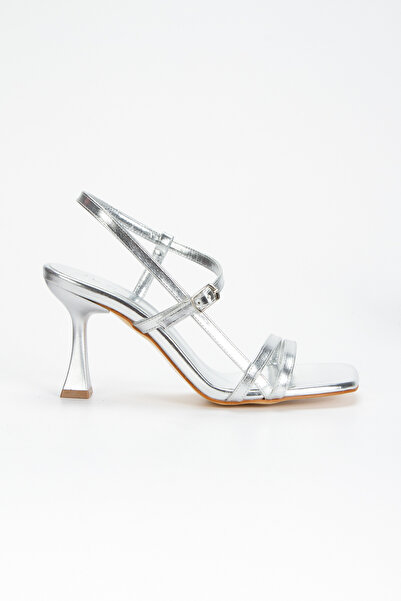 DYG STORE Gümüş Kadın Günlük İnce Topuklu Şık Bantlı Klasik Topuklu Ayakkabı