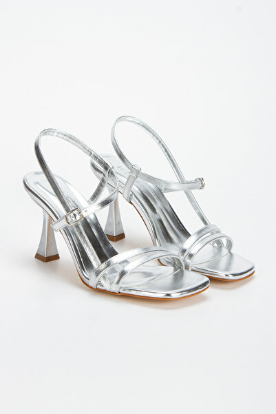 DYG STORE Gümüş Kadın Günlük İnce Topuklu Şık Bantlı Klasik Topuklu Ayakkabı