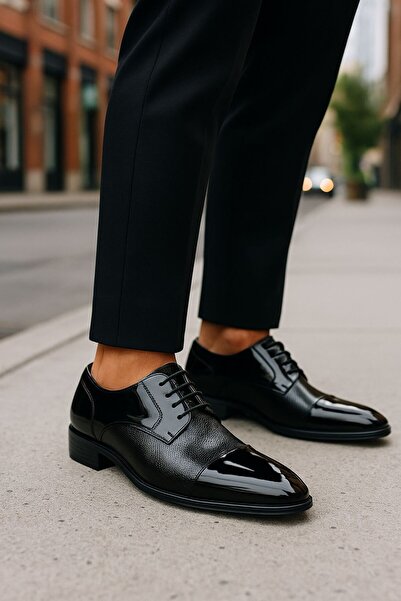 USLU Poliüretan Taban Vegan Deri Parlak Slim Bağcıklı Kundura