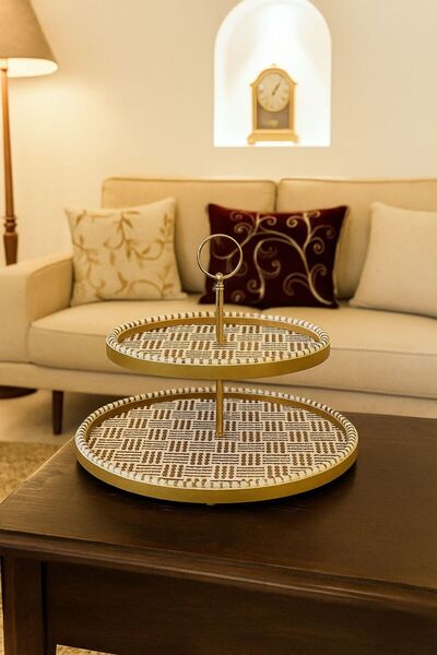 MOSTAFA Hand-decorated oval wooden dessert tray and stand