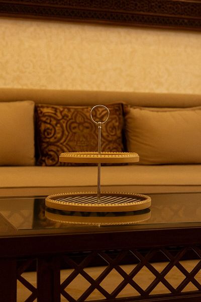 MOSTAFA Hand-decorated oval wooden dessert tray and stand