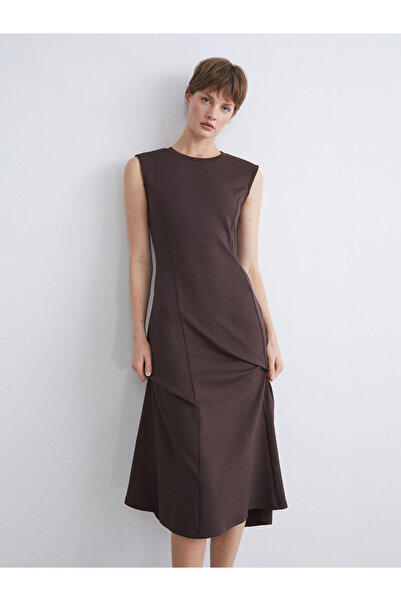 LC Waikiki Brown Crew Neck A-Line Dress
