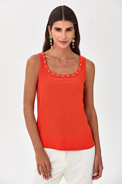 İKİLER Yakası Metal Aksesuarlı Kolsuz Bluz 025-1027