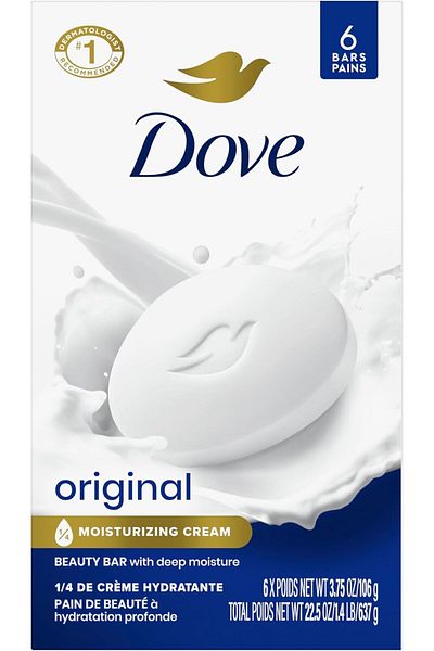 Dove Beauty Bar Soap Original, 6 Bars for Soft, Smooth Skin, with 1/4 Moisturizing Cream 3.75 oz
