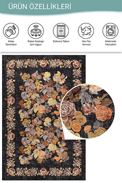 ARTLOOP Florart Siyah Vintage Dokulu Gül Desenli Dokuma Tabanlı Çiçekli Şönil Halı AL 484