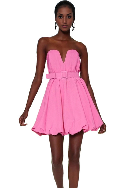 PayBuy فستان سهرة قصير للنساء، تنورة بالون بدون حمالات من قماش البوبلين، لا غ...