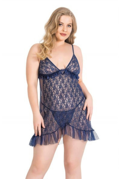 Bleu Petite Plus Size Women's Lace Tulle Nightgown Panty Set