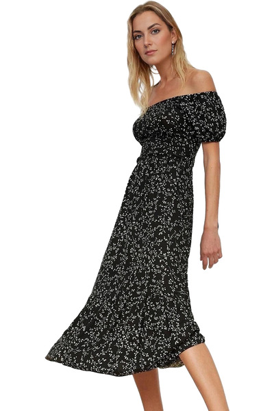 PayBuy Women's Floral Knitted Midi Dress Carmen Collar Short Sleeve Casual Su...